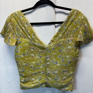 Forest Fairy Lime Green Floral V-Neck Smocked Crop Top Flutter Sleeves Earthcore